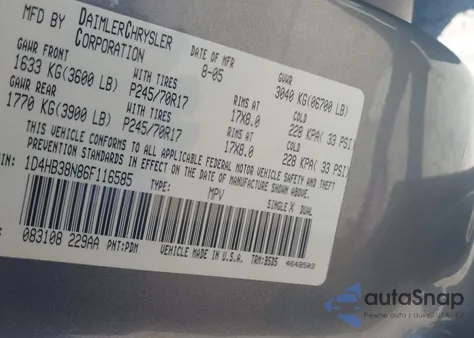 2006 Dodge Durango Sxt из США, поврежденный, VIN 1D4HB38N86F116585